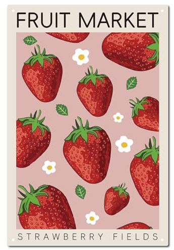 CREATCABIN Strawberry Vintage Sign Metal Tin Sign Poster Retro Painting Plaque Iron Signs Wall Decor Art Mural Hanging Kindly Reminder Signs for Farm Home 12 x 8 Inch-FRUIT MARKET STRAWBERRY FIELDS