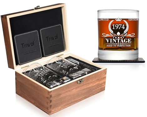 Triwol Lot de 2 verres à whisky et pierres à whisky vintage 1974 - Cadeau amusant pour papa, mari, frère, 50 ans