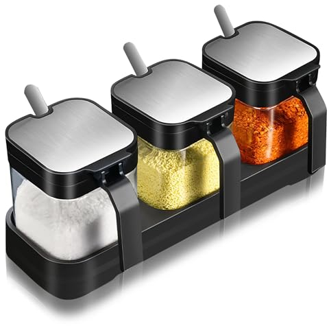 3PCS Spice Set,Hot Chocolate Station Jars,Seasoning Jars with Lids and Spoon,Plastics Seasoning Jars for Spice Storage,Canisters Sets for The Kitchen,Salt Container,Sugar Pot,Coffee,Tea(Black)