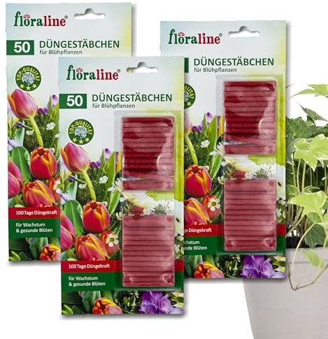 floraline® | 150x Blühpflanzen - Düngestäbchen | Pflanzen Dünger: pro Stäbchen für bis zu 100 Tage prächtige Blumen mit wundervollen Blüten | Sehr schonende & kinderleichte Anwendung