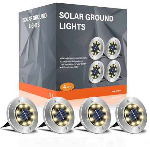 FLOWood Solar Bodenleuchte Solarleuchte für Garten 8 LEDS Solar Außenleuchte Wasserdicht Solar Gartenleuchte Edelstahl Kunststoff Solarlampe für außen Warmweiß 4 Stk [Energieklasse A], DMDW4