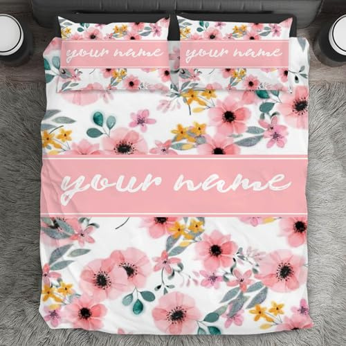 WEQEER Personalisierte Bettwäsche mit Name Text, Individueller Retro Blumen Bettbezug mit Text, 3D Drucken Rose Bettbezug, Personalisiert Geschenke für Partner Familie (Single 135x200CM)