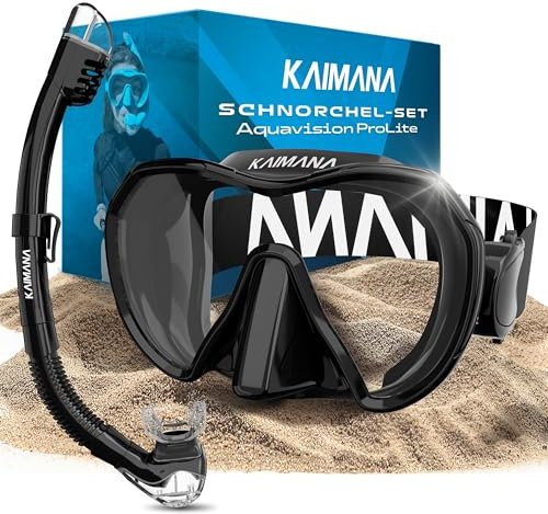 KAIMANA® Schnorchelset für Erwachsene aus gehärtetem Sicherheitsglas (Taucherbrille & trocken-Schnorchel), Bequeme Taucherbrille Erwachsene mit Silikon oder Stoffband inkl. Tragetasche