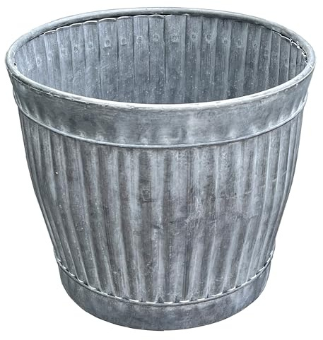 Alfie Francis 31cm DIA x 26cm H Large Galvanised Metal Garden Planter Outdoor Plant Pot Vintage Ribbed Barrel Tub Decoration