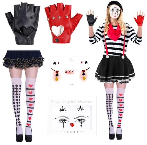 Clown Tattoo Karneval Fasching Hautaufkleber Set, Face Tattoo Harlekin + 1 Paar Handschuhe Halb Finger + 1 Paar Damen Strumpfwaren, für Halloween/Carnaval Cosplay Performance Kostüm