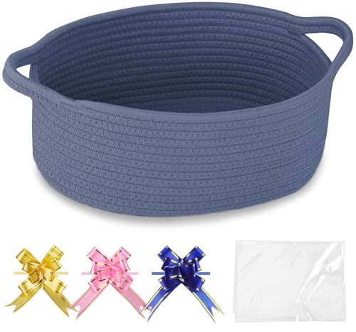 COMSE Small Woven Basket with Gift Bags and Ribbons, Gift Basket Empty, Nursery Organisers Storage for Baby Toy, Cotton Rope, 30.5 x 20 x 13 CM, Folkstone Gray