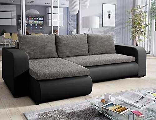 Easy4You Brooklyn Grau und Schwarz Kunstleder Ecksofa L-Form 245 cm mit Schlaffunktion und Stauraum - Schlafsofa mit Bettkasten - Moderne Wohnzimmermöbel – Stoff: Lawa 05/Soft 11