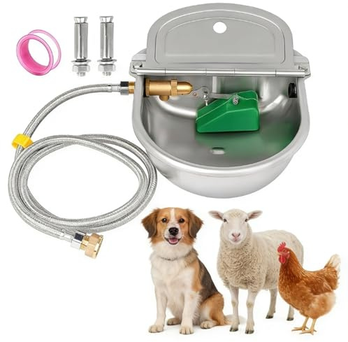 MUYIRTED Automatischer Tränkebecken Mit 1/2 Zoll Messing-Schwimmerventil Und 150cm Metallwasserleitung, Pferdetränke Aus Edelstahl, Wassernapf Niederdruck Für Hunde, Geflügel, Hühner, Schafe, Rinder