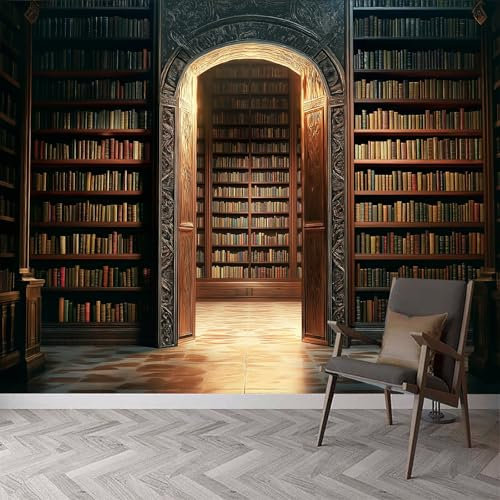 Fototapete Retro Stil Bibliothek Tapeten Wandtapete, Vintage-Bücher Moderne Wanddeko Tapeten, 350 x 256 cm (B x H) Wohnzimmer Schlafzimmer Büro Flur Wandtapete Poster-Tapete
