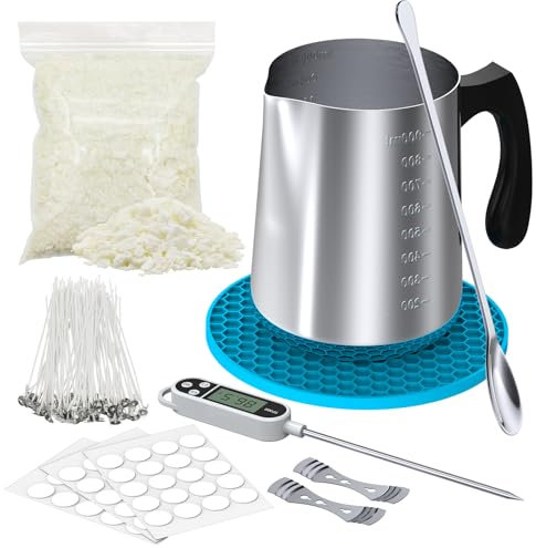 sevkumz Komplettes Kerzenherstellungs-Set für Anfänger – 900 ml Edelstahl-Schmelztopf, 350 g natürliches Sojawachs, 50 Dochte, Dochtaufkleber, Halter und Bastelwerkzeuge – DIY Kerzenherstellungs