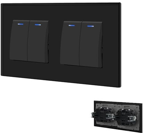BSEED Interruptor de Cristal 2 Gang 1 Vía + 2 Gang 1 Vía, Interruptor Pulsador Empotrable con Indicador Luminoso LED, Interruptor de Pared para Salón, Oficina, Cocina -Negro