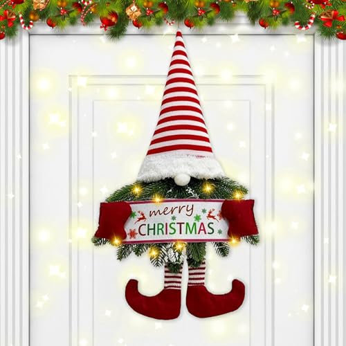 Türkranz Weihnachten, Weihnachtskranz Tür mit LED Licht Beleuchtung Weihnachtsdeko Türkranz mit Wicthel Weihnachtskränze mit Puppen Batteriebetrieben weihnachtskranz für Wand Tür (B)