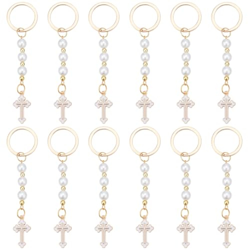 WEBEEDY 12 Sets Croix Porte Clé Porte-clés Christian Suppples Porte-clés en vrac avec Breloque Croix, Perles et Clés, Porteclés pour Femmes et Adultes, Cadeaux de Baptême Retour à L'éCole