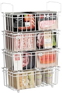 UMDONX Cesta para Congelador de 4 piezas blanco - Cestas apilables para congelador con asa, fácil acceso, para congelador de 198L, organizar ingredientes congelados (37x18x15cm)