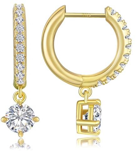 KRKC&CO Ohrringe Silber 925 | Creolen Silber 925 Klappcreolen mit 5mm Gold Anhänger & Iced Out Design | Hypoallergene Hängende Ohrstecker für Damen, 15mm Huggie Baumeln | Geschenk für Frau & Mädchen