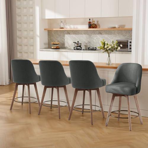 Bekrvio 360°Drehbarer Barhocker 4er Set,Barhocker mit Lehne 65cm Sitzhöhe,Tresenhocker,Drehhocker,Küchenhocker mit Holzbeinen & Fußstütze,Komfortabler Barstuhl mit Gepolsterter Sitzfläche Linen