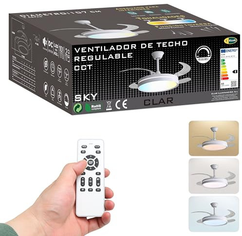 CLAR Ventilador Techo Aspas Retráctiles, Ventilador de Techo con Luz, Silencioso con Mando, Aspas Plegables y Motor Reversible, Ceiling Fan with Light (Blanco, 48W)