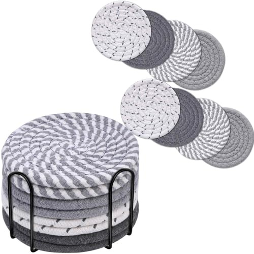 Drink Coasters 8 Pack with Holder, 4-Color Cotton Woven Absorbent Coasters Set, Minimalist 4.3in Cup Mat for Home Decor, Dining Table, Living Room, Tabletop-Protection for Coffee Beverage-Grey