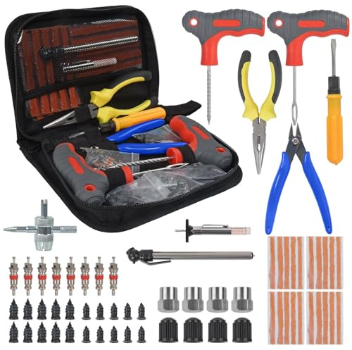 Tyre Repair kit, Car Tyre Puncture Repair Kit, Tubeless Tire Repair kit with Pressure Gauge, Tread Depth Gauge, T-Handle Tool, Strips & Tire Plugs for Cars, Motorcycle, Truck, Van, ATV, Tractor