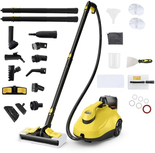 GOPLUS Nettoyeur Vapeur 2000W, Pression 5 Bars, 17 Accessoires & Réservoir d’Eau 1,8L, Balai Vapeur Portable Haute Pression avec Température 160℃ et Roues pour Cuisine, Voiture, Salon, Jaune