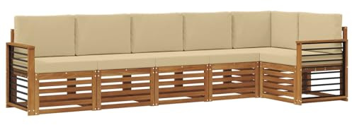 vidaXL Sofagarnituren 6 pcs Natur und Beige Massivholz Akazie, Garten, modernes Outdoor-Sofa, L-förmige Lounge, Terrasse, langlebiger Komfort fürs Patio