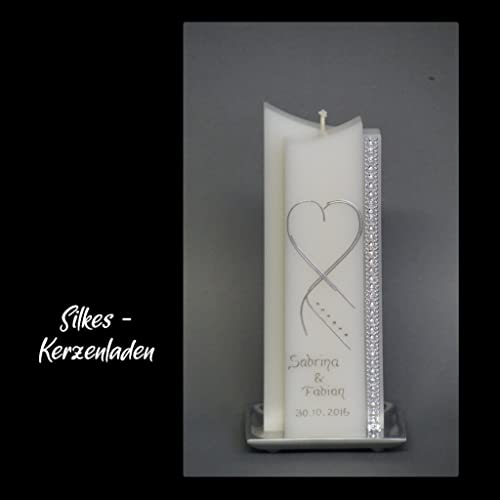 edle Hochzeitskerze mit Steinen und silbernen Band - in Sonderform ; inkl. Beschriftung ! I 14