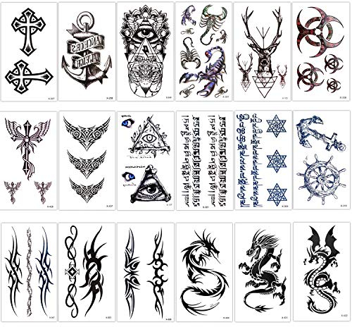 Konsait 18 Blätter temporär Tätowierung schwarz Tattoo Körperkunst Kleine Bögen Tattoo Aufkleber Fake Arm Tattoos Sticker für männer Frauen, Drachen Anker Auge Skorpion Graphic Elk und meh