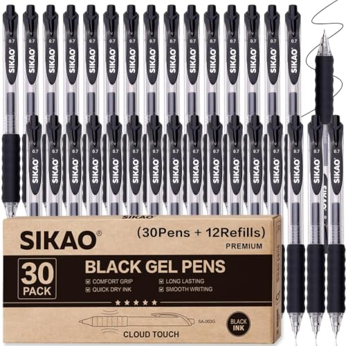Sikao Gelstifte Schwarz, 30er Pack Gelschreiber Kugelschreiber, CLOUD TOUCH GRIFF 0,7 mm Feine Spitze Schwarze Tinte, Schnell-Trocknend & Wischfest, Sanftes Schreiben für Büro & Schule