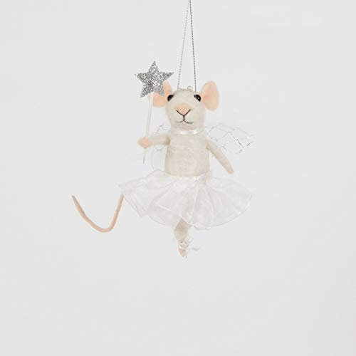 Sass & Belle Fée souris avec baguette étoile en feutre à suspendre décoration blanche - ornement de Noël
