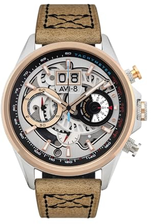 AVI-8 Mens 45mm Hawker Harrier Matador Chronograph Burnt Gold Brown Japanese Quartz Pilot Watch with Genuine Leather Strap AV-4065-02