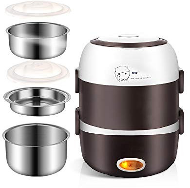 Electric Lunch Box,3 Layers 2L Portable Electric Heating Bento Lunch Box Food Storage Warmer Container Rice Cooker,110V 200W,Stainless Steel+PP