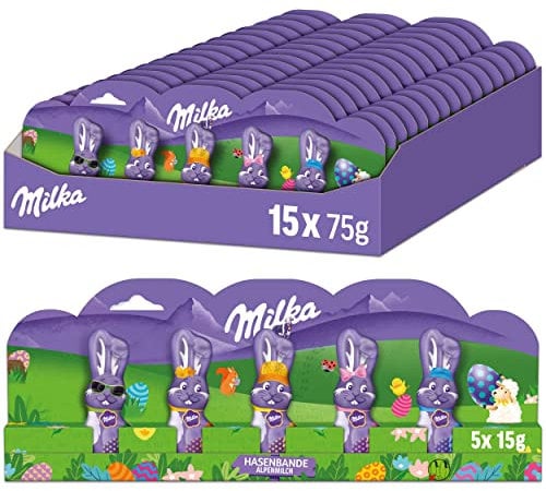Milka Hasenbande 15 x 5er Pack (5 x 15g) I Osterschokolade Großpackung I Mini-Osterhasen Schokolade aus 100% Alpenmilch