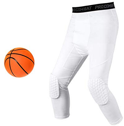 Unlimit Basketball Compression Pants with Pads, White 3/4 Capri Pants Padded, Basketball Tights Leggings - white - XXXL