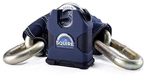 Squire Motolok Lock and Chain (Colossus) - Hardened Steel Weatherproof Padlock - Heavy Duty Six Pin Cylinder - Sold Secure Gold Bike Lock - Motorbike Chain Lock with Cover for Versatile Use(1500 mm)