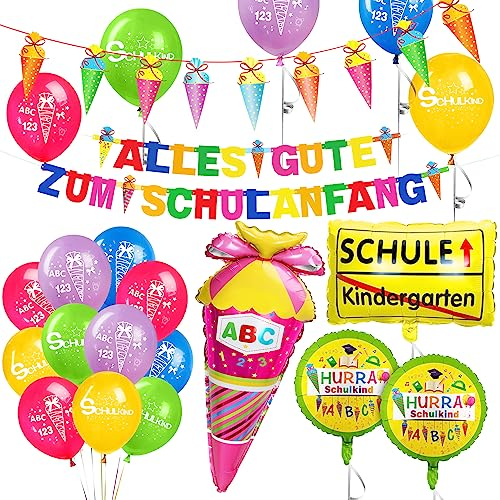 Einschulung Schulanfang Schuleinführung Deko, Alles Gute zum Schulanfang Girlande, Zuckertüte Banner, Schulkind Luftballons, Folienballon Zuckertüte Schulkind Einschulung für Mädchen