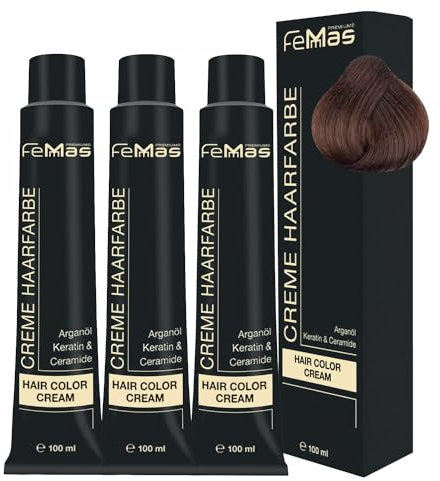 FemMas Tinte para el cabello 3 x rubio oscuro dorado 6.3 I Crema profesional tinte para el cabello con aceite de argán, queratina y ceramidas, como coloración permanente o tinte para obtener