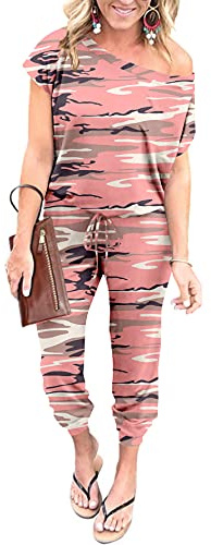 YUNDAI Womens Jumpsuits One Piece Casual Off Shoulder Playsuit Short Sleeve Overalls Elastic Waist Stretchy Romper with Pockets XX-Large,Camouflage Pink