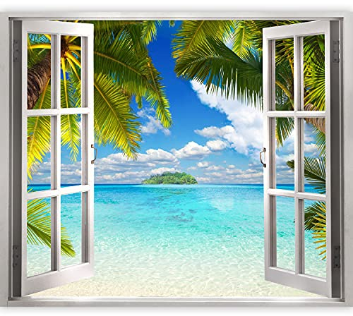 murando 3D WANDILLUSION Wandbild Tropische Insel Fototapete Poster XXL Fensterblick Vlies Leinwand Panorama Bilder Dekoration Wasserfall Meer Strand Himmel Palmen Holiday 140x100 cm