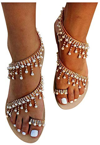 Dasongff Sandales Plate été Femmes Bohème Tongs Plage Chaussures Nu-Pieds Mode avec Perles Claquette Piscine Semelle Confortable Léger Nu Pieds pour Femme de Mariee Dentel Mode