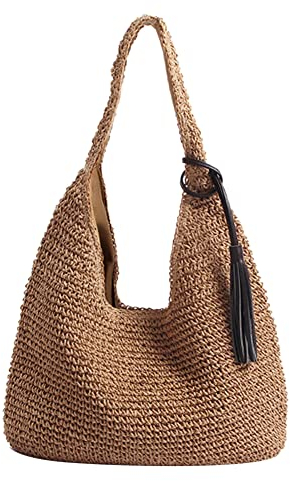 DKIIL NOIYB Straw Shoulder Bag For Women, Straw Bags Weave Handmade Handle Tote Bag With Zipper Summer Beach Straw Handbags Bohemian Crossbody Bag