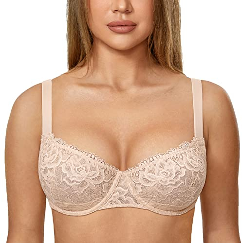 DELIMIRA Reggiseno Balcone Donna in Pizzo Push Up Sexy con Ferretto Sfoderato Beige 4D