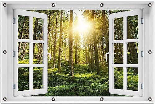 Wallario Outdoor-Poster für Garten oder Balkon Sonnenstrahlen im Nadelwald mit Moos und Farn, Motivbanner Größe: ca. 80 x 120 cm Fenster-Illusion