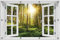 Wallario Outdoor-Poster für Garten oder Balkon Sonnenstrahlen im Nadelwald mit Moos und Farn, Motivbanner Größe: ca. 80 x 120 cm Fenster-Illusion