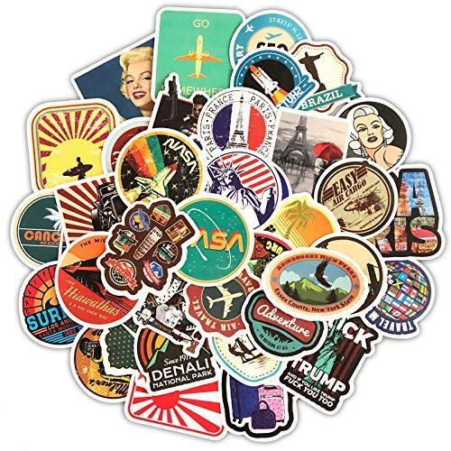 50 Stück Vintage Reise Etiketten Aufkleber Vinyl Koffer Gepäck Sticker Set für Skateboard Laptop Gitarre Computer Auto Motorrad ,Wasserfeste Aesthetic Retro Stil Aufkleber für Erwachsenen Kinder