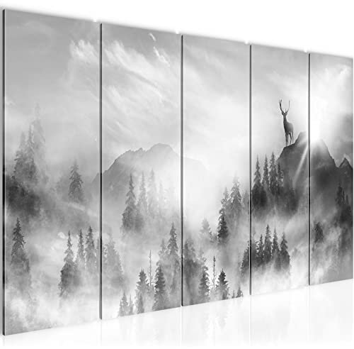 Runa Art Wandbild XXL Wald Hirsch Wohnzimmer Schlafzimmer 200 x 80 cm Schwarz Weiss 5 Teilig - Made in Germany - 042855c