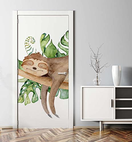 MyMaxxi - Tür bekleben mit Türtapete Selbstklebend 90x200 Müdes Faultier - Tür verschönern Türfolie - Türaufkleber XXL Aufkleber Folie- Türposter Türklebefolie Entspannung Pflanze Dschungel mehrfarbig