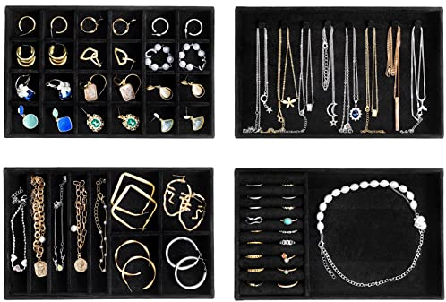 ProCase Jewellery Tray Organiser, Jewellery Drawer Organiser Velvet Stackable Jewellery Storage Tray for Drawer Jewellery Display for Earring Necklace Ring Bracelet -4 Layers, Allblack