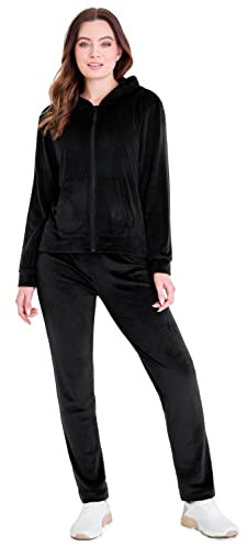 CityComfort Tuta Velluto Donna con Cerniera, Comoda Manica Lunga Tuta da Ginnastica Donna Ragazza con Cappuccio 2 Pezzi Set Tuta (XL, Nero)
