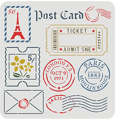 FINGERINSPIRE Paris Postage Malschablone 30x30cm Französische Briefmarke Schablone Wiederverwendbare Blumen Umschläge Spielkonsole Muster Bastelschablone zum Malen auf Scrapbook Stoff Fliesen Wand