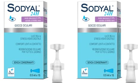 Sodyal 24H - Lubrificante, idratante, rinfrescante. Gocce oculari monodose con Acido ialuronico, senza conservanti - Bipack 2 box da 15 flaconcini da 0,5ml